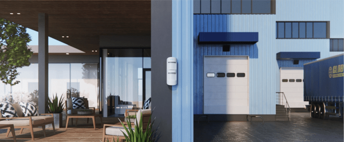 Motion sensor with light detector mounted on exterior wall of private ...