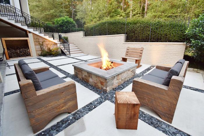 Concrete Squares and Slate Chips Patio with Custom Fire Pit